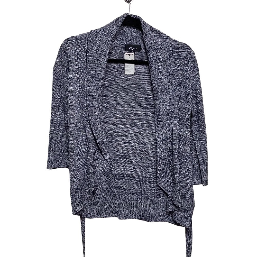 IZ Byer Womens Medium Grey Metallic Shimmer Tie Waist Shawl Collar Cardigan